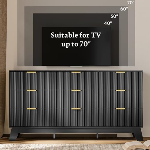HUANLEGO Fluted Dresser for Bedroom with 9 Drawers, Black