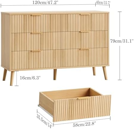 Fluted 6 Drawers Dresser for Bedroom, Wooden Wide Chest of Drawers with Metal Handle, Dresser TV Stand, Closet Storage Organizer for Entryway, Living Room, Hallway (Natural)