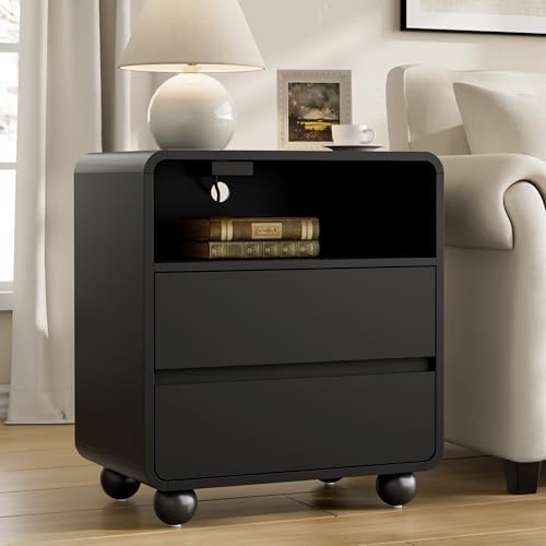 Lulive Night Stand, Bedside End Table with Charging Station, Black