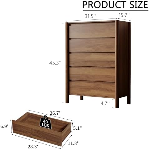 HOUROM Walnut Dresser for Bedroom,45"Tall 5 Drawer Mid Century Modern Chest