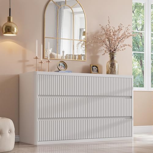 Standifurno White Fluted Dresser for Bedroom with 6 Drawers, 48" Wide Modern Curved Chest of Drawers, Wooden Dresser TV Stand, Wood Closet Clothes Storage Organizer for Living Room