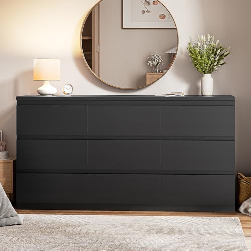 Jocoevol Modern 9 Drawer Dresser for Bedroom, Simply Chest of Drawers, Wood Storage Dresser with Deep Drawers for Living Room Hallway Entryway (Black)
