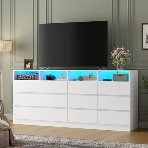 Gyfimoie 12-Compartment Divided Drawer Dresser w/Power Outlet, LED Light