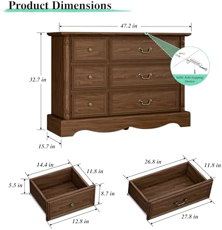 Farmhouse 6-Drawer Dresser with Charging Station for Bedroom