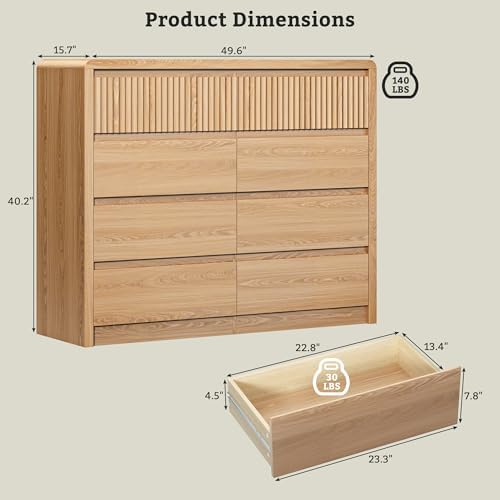 LYNSOM Oak Fluted 8 Drawer Dresser for Bedroom, Curved Edge, 50" Wide