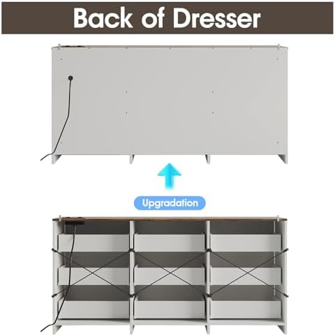 Fameill Dresser for Bedroom, 9 Drawer Wide Dresser Organizer with Charging Station, Tall Dresser for Hallway, Wood Dresser with Metal Handles, Farmhouse White