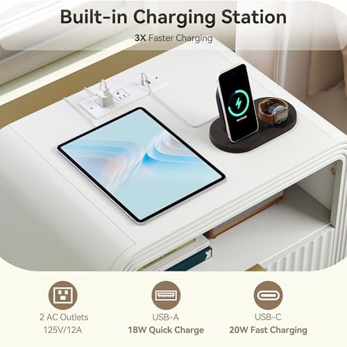 Decofy Fluted Nightstand Set of 2 with Charging Station, 2 Drawers, White