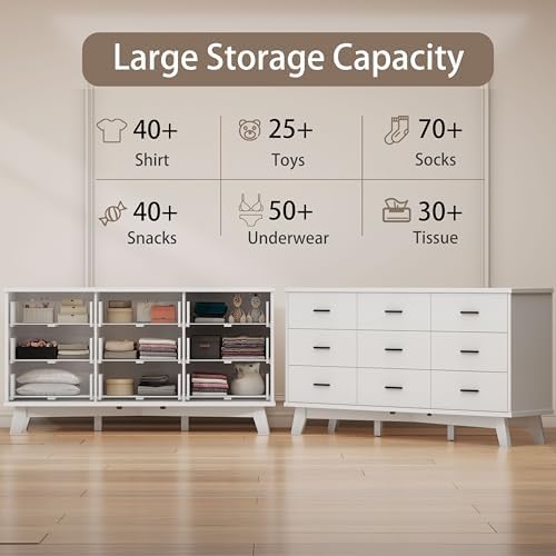 Xixini Dresser for Bedroom, 9 Drawer Wide Modern Chest of Drawers with X-Shaped Sturdy Base, Wood Double Dresser Closet Clothes Storage Organizer, Wooden TV Stand for Living Room, Hallway, White