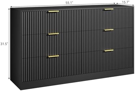 6 Drawers Fluted Dresser for Bedroom, 55" Wide Wooden Dresser with Deep Drawers, Large Floor Chest of Drawers, Modern Long TV Stand, Storage Cabinet Side Table, Black