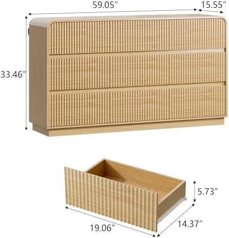 Wodeer Oak Dresser Fluted 9 Drawers Dresser for Bedroom, 59" Wide Wood Chest of Drawers with Hidden Handles & Rounded Corners, Modern TV Stand Storage Cabinet for Living Room, Hallway, Entryway