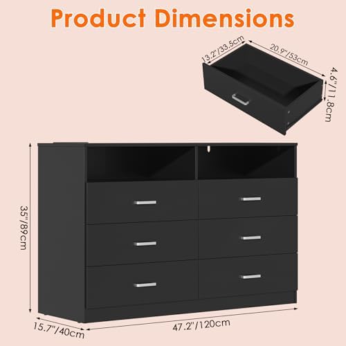 Bigbiglife Dresser for Bedroom, 6 Drawer Dresser with Charging Station and Led Light, Modern Chest of Drawers for Bedroom, Living Room,Black