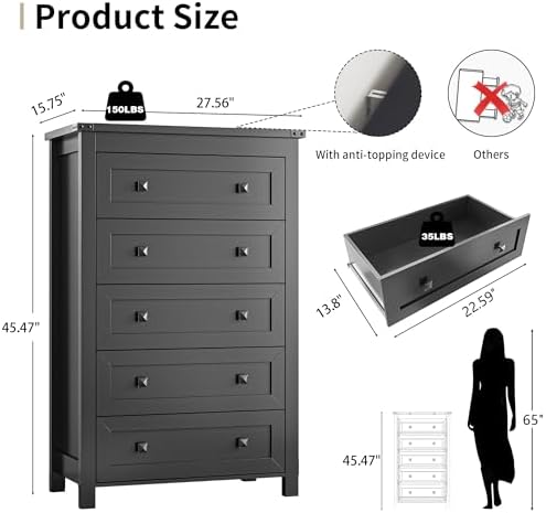 Xixini 45.5" Tall 5-Drawer Dresser for Bedroom, Chest of Drawers, Black