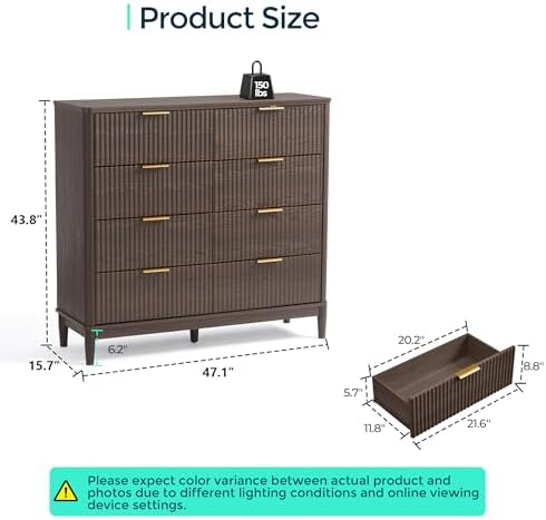LINSY HOME Fluted Dresser for Bedroom with 8 Drawers, 47" Wide Mid Century Modern Dressers, Tall Boho Chest of Drawer, Large Wood Accent Storage Cabinet for Living Room, Curved Profile Design, Walnut