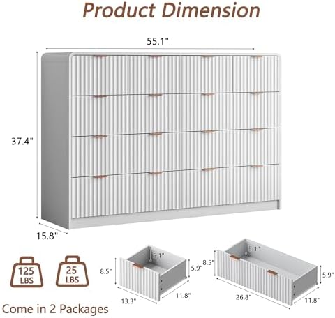 HOUROM 55“ Wide White Fluted Dresser for Bedroom with 10 Drawers