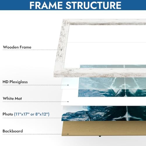 Hongkee 11x17 Picture Frame Set of 4, 11x17 Distressed White Wood, Mat 8x12