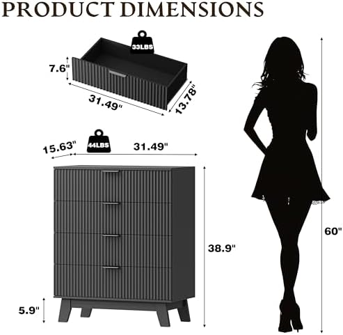 BORNOON 39" Tall Dresser for Bedroom, 4-Drawer Fluted Chest of Drawers, Modern Wood Highboy with Deep Storage, Metal Slides & Handles, Anti-Tip Kit, Vertical Clothes Organizer for Apartment, Nursery
