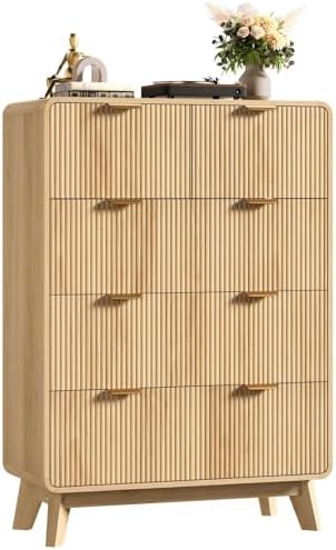 QUW Fluted 5 Drawers Dresser for Bedroom, Modern 40.2" Tall Drawer Dressers with Metal Handle, Wooden Chest of Dresser for Living Room, Hallway, Solid Wood Legs, Curved Profile Design, Natural Oak