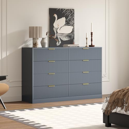 8 Drawer Dresser for Bedroom, Modern Fluted Double Dresser, 55" Wide Chest of Dressers, Mid Century Wooden Beside Table for Closet, Living Room and Entryway, Blue