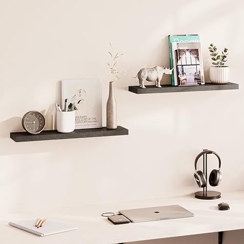 Ballucci Floating Shelf, 2-Pack 24" Black Floating Shelves for Wall, Wood Wall Shelf for Home Décor, Floating Shelves for Bathroom, Living Room, Bedroom, 8" Deep Wall Shelves