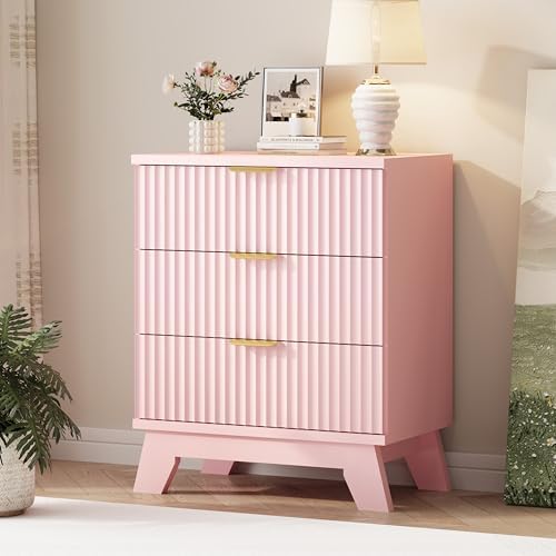 Xixini Fluted Dresser for Bedroom with 3 Drawers, 24" Wide Modern Chest of Drawers with Metal Handle, Wooden Dresser TV Stand, Wood Closet Clothes Storage Organizer for Living Room, Hallway, Pink