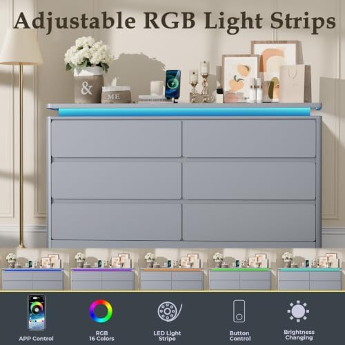 6 Drawer Dresser for Bedroom,47.24" Long Grey Chest of Drawers w/LED Lights