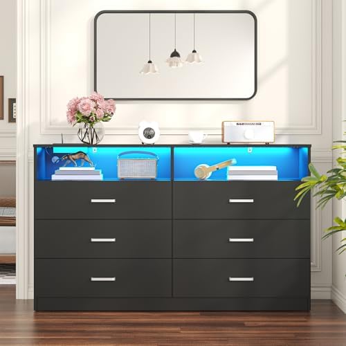 Bigbiglife Dresser for Bedroom, 6 Drawer Dresser with Charging Station and Led Light, Modern Chest of Drawers for Bedroom, Living Room,Black