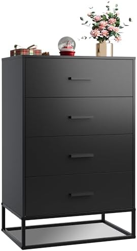 WLIVE Black Dresser for Bedroom with 4 Drawers, Tall Dresser with Sturdy Metal Frame, Wood Chest of Drawers for Closet, Living Room, Hallway