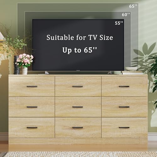 HUAHUU 9 Drawer Dresser for Bedroom, 60'' Long Mid Century Modern Dressers TV Stand, Wood Vintage Chests of Drawers, Large Storage Organizer for Bedroom, Closet, Entryway, Natural Oak