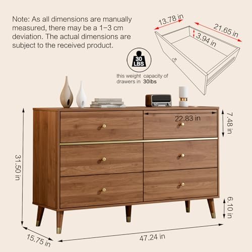 Chrangmay 6 Drawer Dresser,47" Wide Mid Century Chest of Drawers,Wooden Bedroom Drawer Dresser with 6 Storage Drawers for Bedroom,Living Room,with Anti-Tipping Device,Walnut.HT