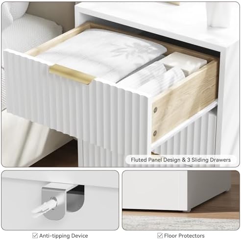 3 Pcs White 8 Drawer Dresser & 3-Drawer Nightstand Set丨Tall Fluted Dresser and Night Stand Set of 2 with Metal Handle, Modern Wood Chest of Drawers Storage Dressers Set for Bedroom