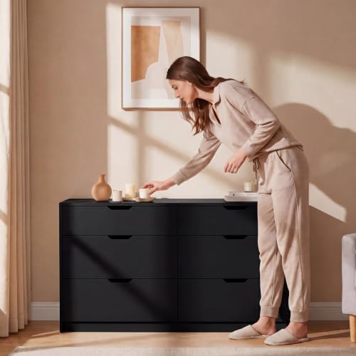 YESHOMY Black Dresser for Bedroom, 47.2" Modern Wood Chest with 6 Drawers