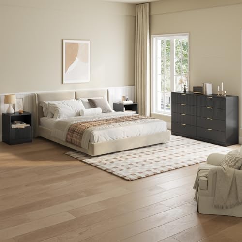 8 Drawer Dresser & 1-Drawer Nightstand Set 3-Piece, Black丨55 Wide Bedroom Dresser Set Night Stand Set of 2, Fluted Modern Wood Chest of Drawers Storage Dressers Set for Bedroom