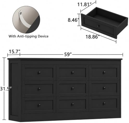 wanan Black 9 Drawer Dresser for Bedroom, Modern 59'' Wide Wood Chest of Drawers, Dresser TV Stand, Storage Organizer with Metal Handles for Living Room, Hallway, Entryway