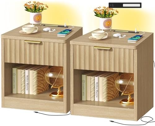 TEENFON Fluted Nightstands Set of 2, Bed Side Table with Charging Station and LED Light, Night Stand with Storage Drawer and Open Shelf, End Table for Small Space, Bedroom, Natural