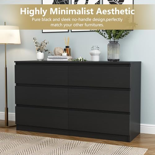 Black 6 Drawer Dresser for Bedroom, Modern Deep Drawer Dresser,Wide Chest of Drawers for Bedroom,Wood Storage Organizer Furniture,TV Dresser for Living Room