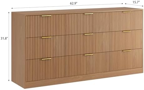 9 Drawer Fluted Dresser for Bedroom with Deep Drawers, Light Walnut丨63 Wide Wood Dresser, Large Chest of Drawers, Modern Long TV Stand, Storage Cabinet Side Table for Living Room, Hallway