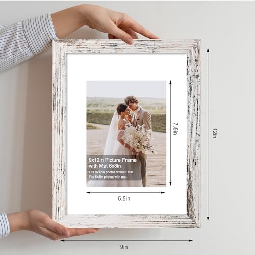 Hongkee 9x12 Picture Frame Set of 4, Made of Glass and Distressed White Wooden Frame - Display Picture 6x8 with Mat or 9 x 12 Without Mat, 9 by 12 Photo for Wall or Tabletop