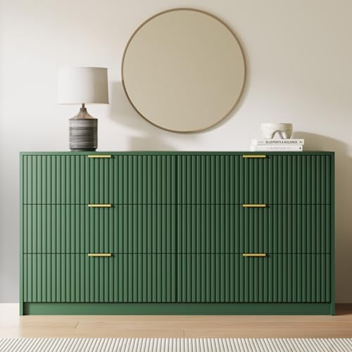 MAISONARIA Green 6 Drawer Dresser for Bedroom, 55" Wide Modern Chest of Drawers with Gold Metal Handles, Fluted Wood TV Stand for Living Room, Hallway