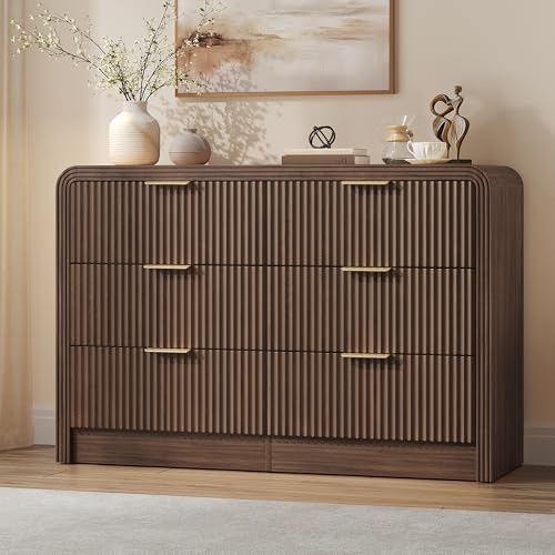 Decofy 47" W Fluted 6-Drawer Dresser for Bedroom, Walnut