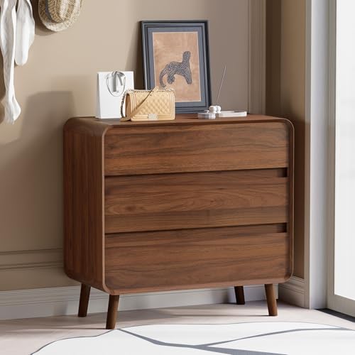 Nasonet 3 Drawer Dressers for Bedroom, Mid Century Modern Chests of Drawers, Curved Dresser with Storage Drawer, Wooden Bedroom Furniture Drawer for Closet, Home Office, Walnut