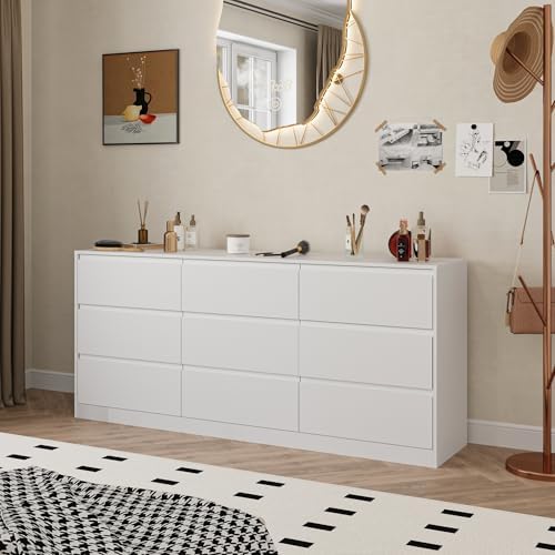 Bobve 70.9” Dresser for Bedroom with 9 Drawers, Large Modern Chest of Drawers with Deep Drawers, Wide Double Dresser Handle Free, Storage Organizer for Bedroom, Living Room, Hallway (White)