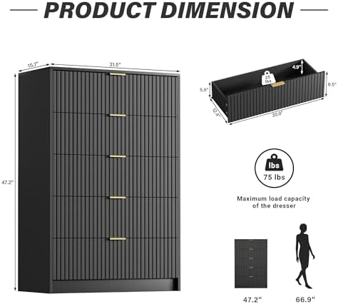 Furniway Black Dresser for Bedroom, Modern Dresser with 5 Drawers and Smooth Slides, Wide Chest of Drawers with Golden Handles for Bedroom, Living Room, Closet, 15.7" D x 31.5" W x 47.2" H