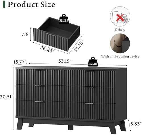 Xixini Fluted Dresser with 6 Drawers, 54" Wide Modern Chest of Drawers with Metal Handle, Wooden Dresser TV Stand, Wood Closet Clothes Storage Organizer for Bedroom, Living Room, Hallway, Solid Black