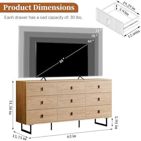 Chrangmay Modern Chest of Drawers with 9 Drawers,Deep Drawers,Clothes Organizer,Large Storage Cabinet for Living Room, Bedroom,Hallway,with Anti-Tipping Device,Natural
