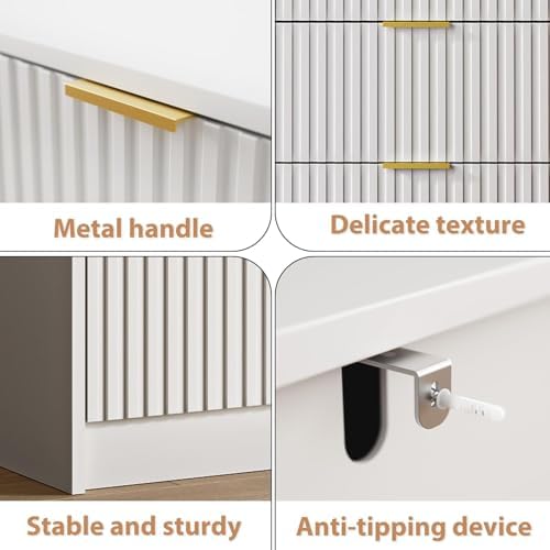 MAISONARIA White 6 Drawer Dresser for Bedroom, 55" Wide Modern Chest of Drawers with Gold Metal Handles, Fluted Wood TV Stand for Living Room, Hallway