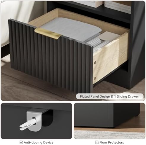 6 Drawer Dresser & 1-Drawer Nightstand Set 3-Piece, Black丨55 Wide Bedroom Set Night Stand Set of 2 with Metal Handle, Fluted Wood Chest of Drawers Storage Dressers Set for Bedroom