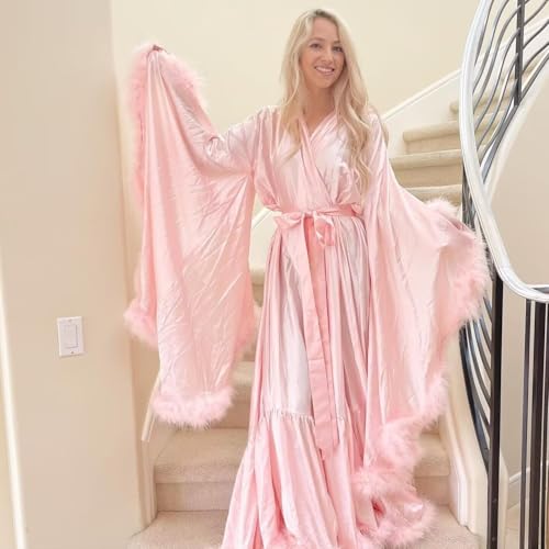 Feather Silk Satin Bridal Robe Long Wedding Scarf Illusion Bathrobe Sleepwear for Women Sexy Lingerie Nightgown - color: Blush Pink, size: Small-Medium