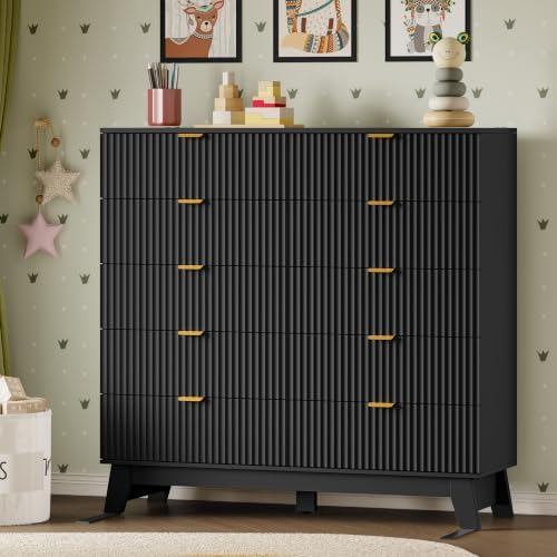 BORNOON 46" Tall Dresser for Bedroom, 10-Drawer Fluted Chest of Drawers, Modern Wood Highboy with Metal Slides and Handles, Anti-Tip Kit, Vertical Clothes Storage Organizer for Apartment, Closet