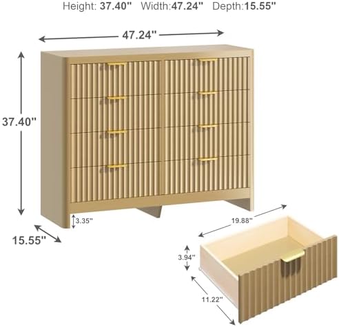 Fluted 8 Drawer Dresser for Bedroom, 47" Wide Modern Chest of Drawers with Metal Handle & Storage, Wooden Dresser TV Stand, Closet Clothes Storage Organizer for Living Room, Natural Oak Dresser