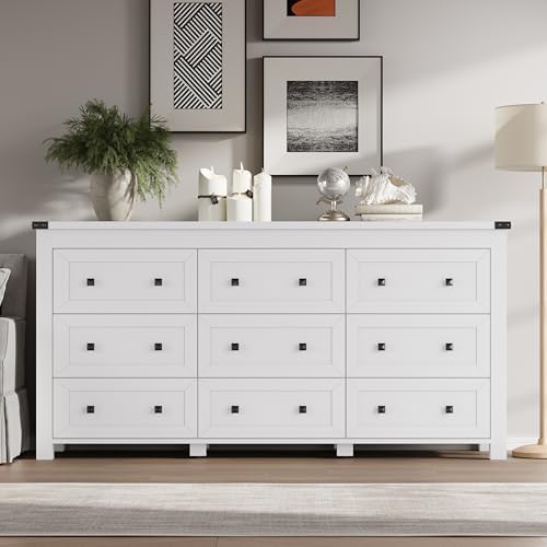 BORNOON 9-Drawer Dresser, Modern Wooden Storage Chest of Drawers, Dresser TV Stand, Wood Drawer Organizer with Metal Handles for Bedroom, Living Room, Hallway